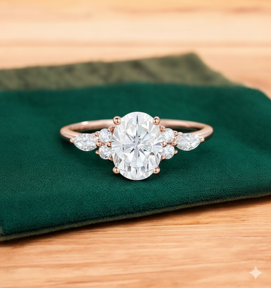 1.50ct Oval Cut Lab Grown Diamond Engagement Ring, Cluster Bridal Ring