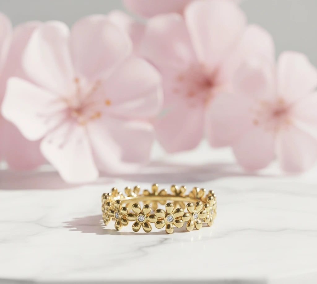 14K Gold  Dainty Daisy Lab Grown Eternity Band