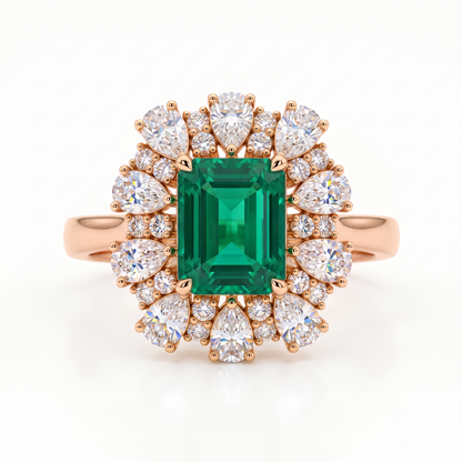 3.80 CT Emerald Cut Emerald Lab Grown Diamond Floral Halo Engagement Ring