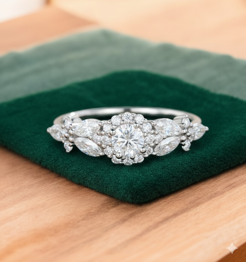 Vintage Cluster 0.6ct Round Cut Lab Grown Diamond Engagement Ring