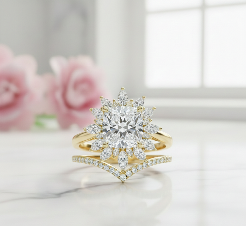 1.85 Ct Sunburst Diamond Bridal Set – Floral Halo Ring