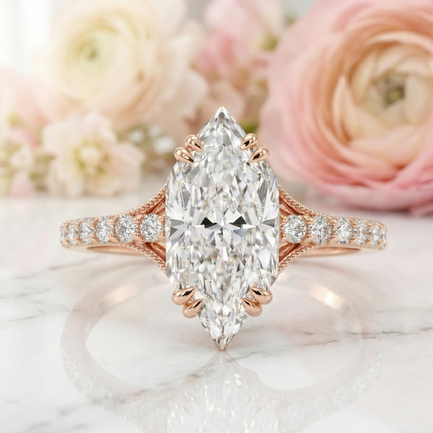 1.400CT Marquise Lab Grown Diamond Engagement Ring, Gold Pavé Band