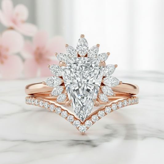 2.40 Ct Shield Cut Moissanite Halo Engagement Ring Set