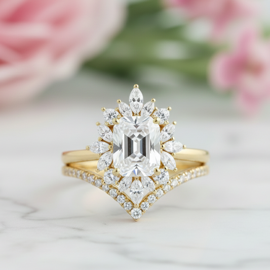 1.70 Ct Emerald Cut Moissanite Ring Set – Chevron Band