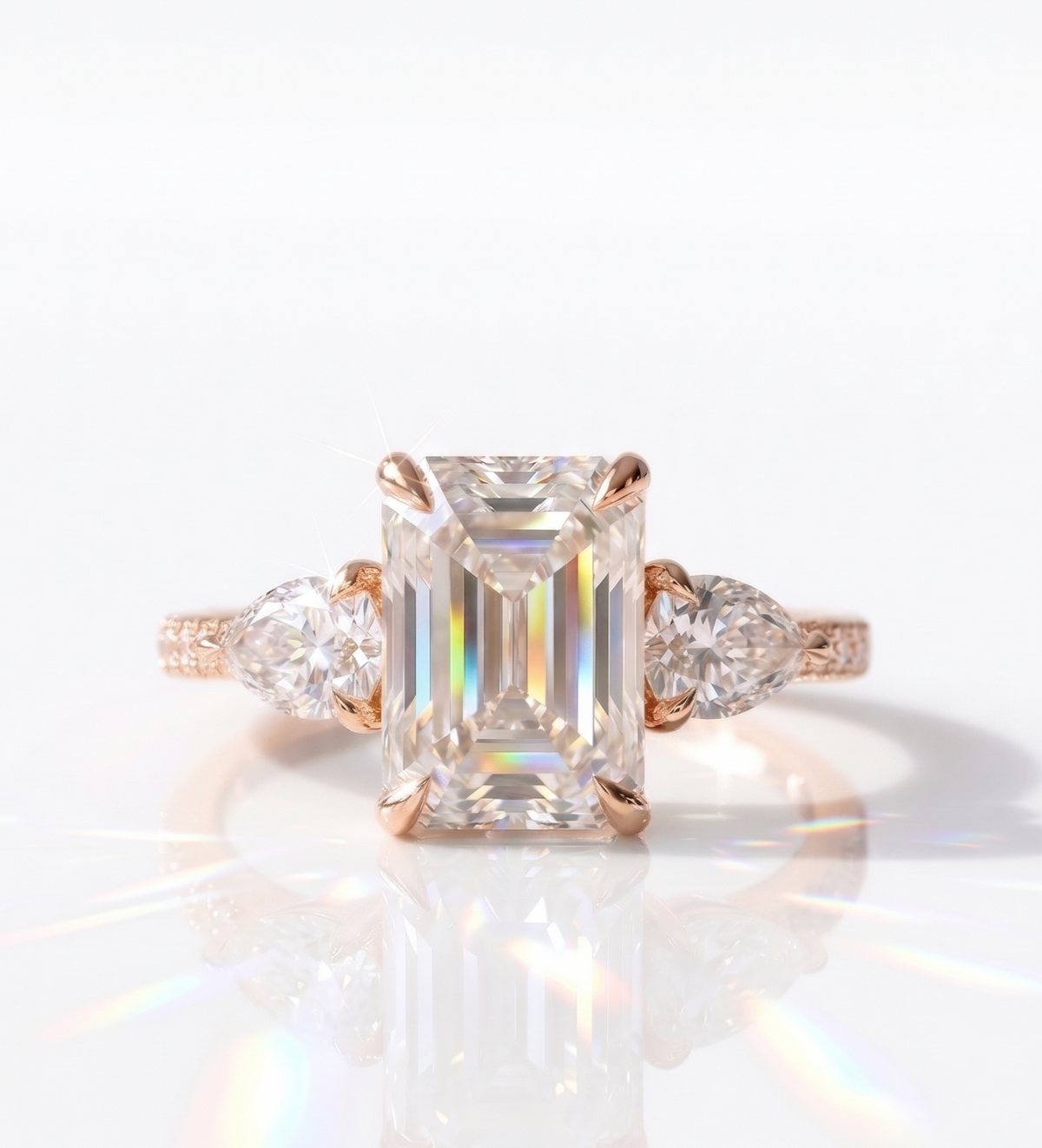 2.45 Ct Emerald Lab Grown Diamond Three Stone Engagement Ring