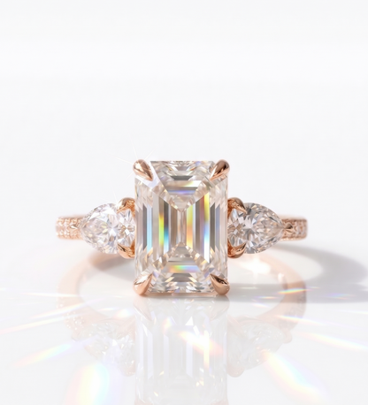 2.45 Ct Emerald Lab Grown Diamond Three Stone Engagement Ring