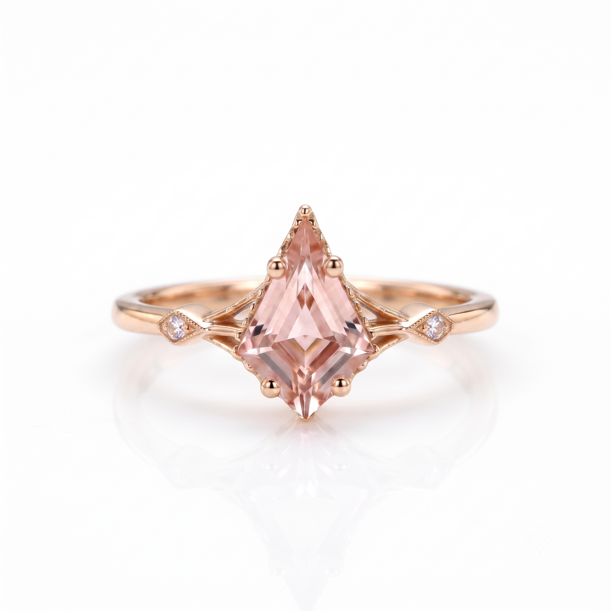 1.35ct Kite Cut Lab Pink Sapphire Engagement Ring • Three Stone Rose Gold Ring