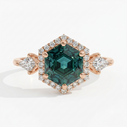 1.32 Ct Hexagon Lab Diamond Ring  - Green  Halo Engagement