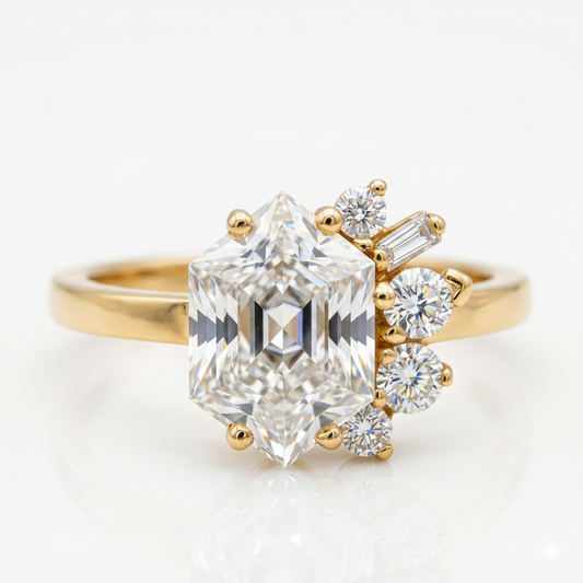 Hexagon Engagement Ring 1.65 CT – Geometric Cluster 14K Gold Ring