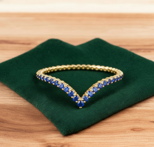 0.110 Ct Blue CZ Curved Wedding Band – V-Shape Ring