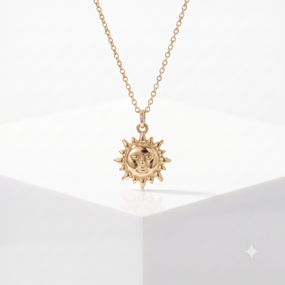 14k Gold Celestial Sun Face Pendant Necklace
