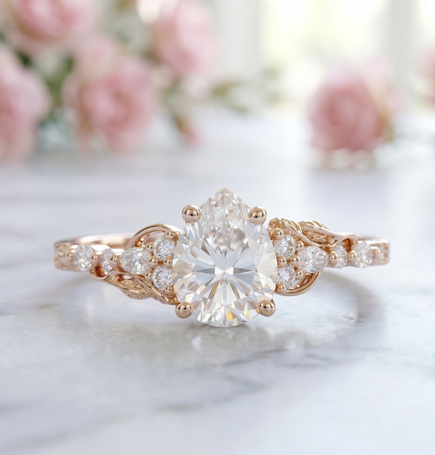 1.300CT Pear Lab Grown Diamond Vintage Floral Engagement Ring