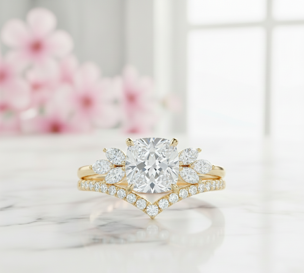 1.65 Ct Cushion Cut Diamond Bridal Set – Floral Halo Ring