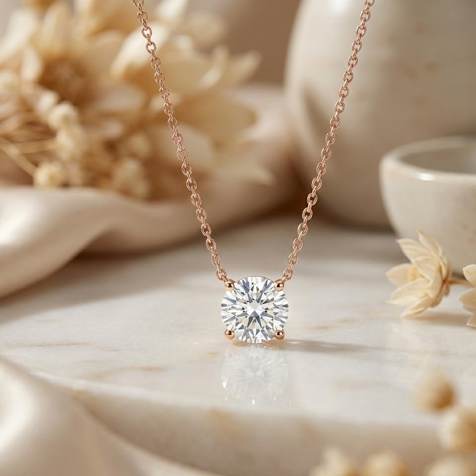 0.130 Ct Solid 14K Gold Floating Necklace