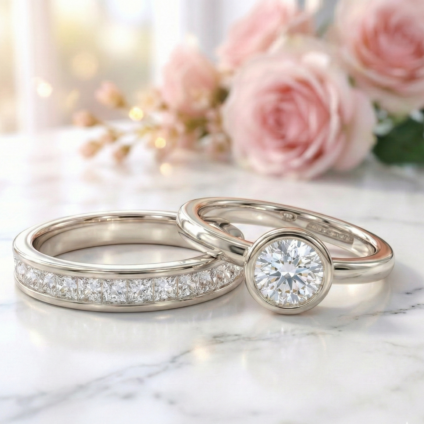 1.800Ct Round Cut Moissanite Engagement Ring Set Bezel