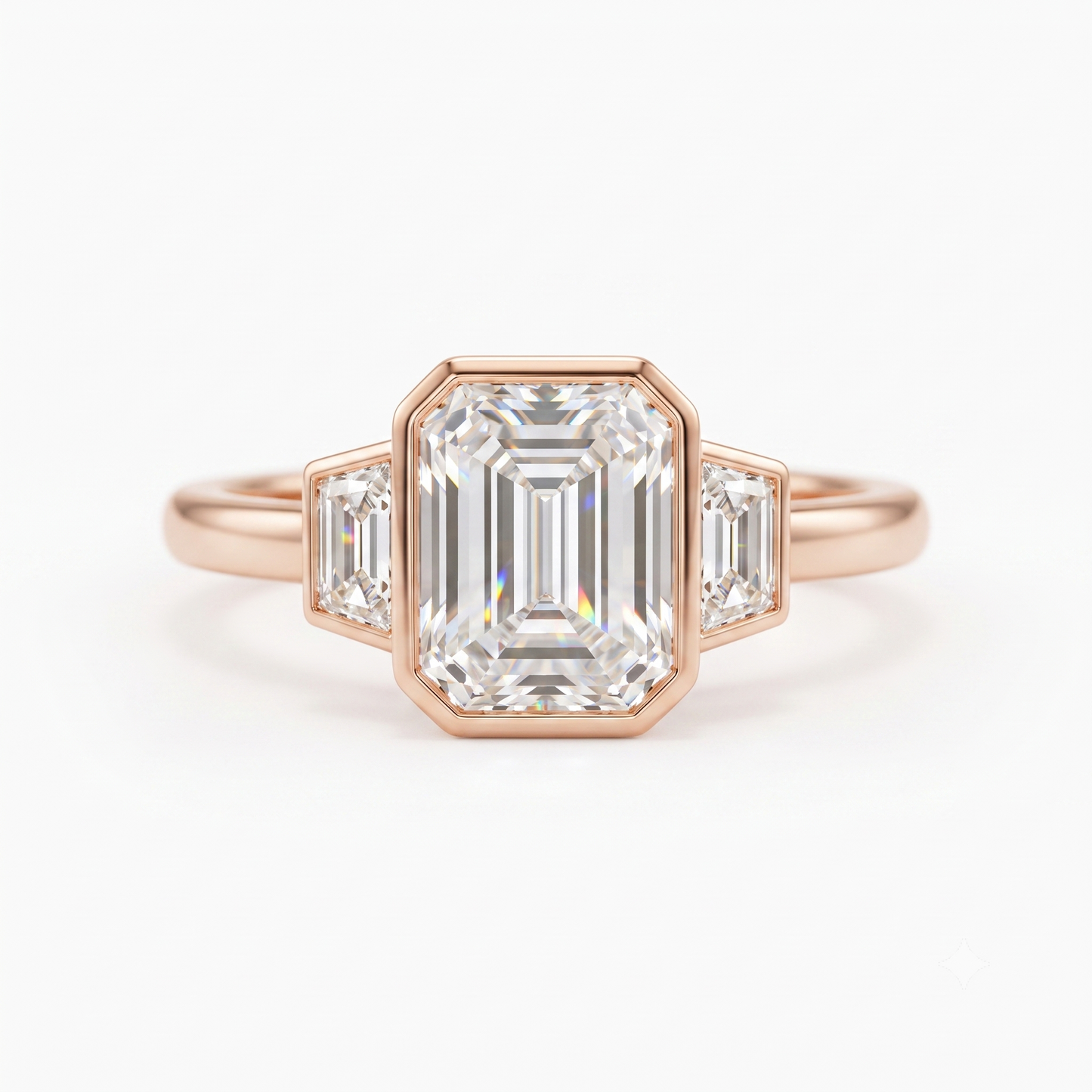 2.06 CT Emerald Cut Lab Grown Diamond Bezel Set Three Stone Engagement Ring