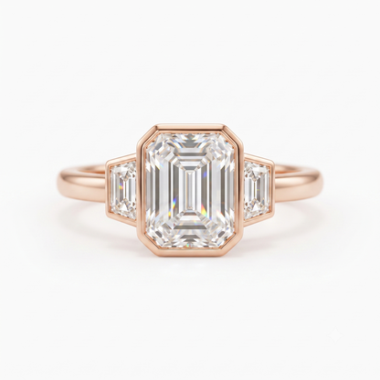2.06 CT Emerald Cut Lab Grown Diamond Bezel Set Three Stone Engagement Ring