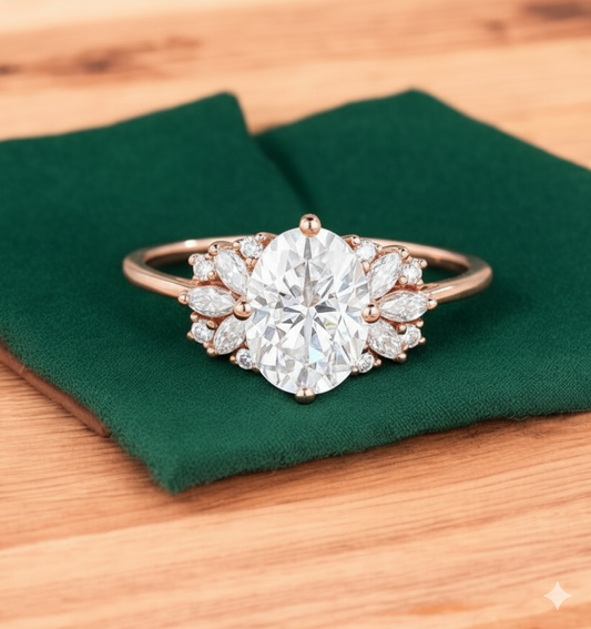 1.650ct Oval Lab Grown Diamond Cluster Ring • Marquise Floral Bridal Ring