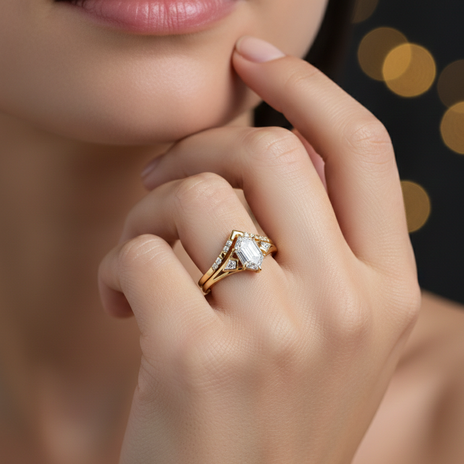 1.65 Ct Hexagon Lab Grown Diamond Engagement Ring Set