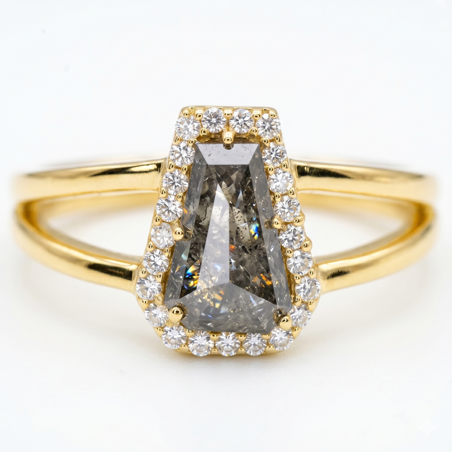 1.00ct Coffin cut salt and pepper Diamond Halo Ring