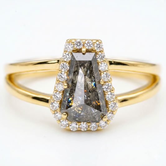 1.00ct Coffin cut salt and pepper Diamond Halo Ring