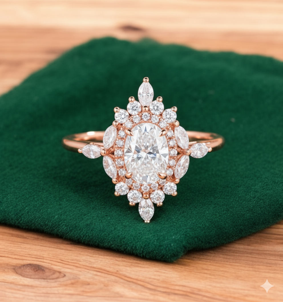 1.220ct Oval Lab Grown Diamond Engagement Ring • Vintage Rose Gold Art Deco Marquise Cluster Bridal Ring