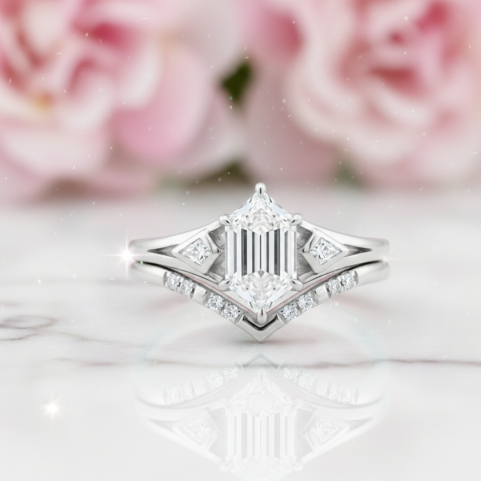 1.65 Ct Hexagon Lab Grown Diamond Engagement Ring Set