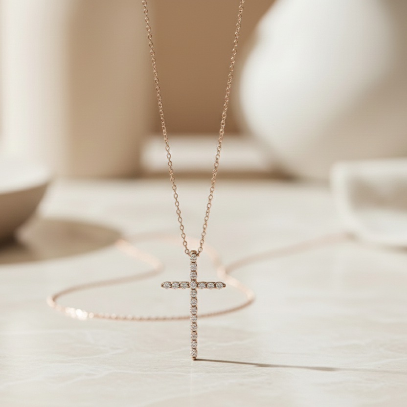 0.120 Ct Moissanite Cross Necklace – 14K Gold Faith Pendant