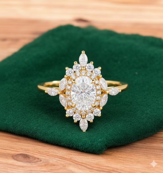 1.220ct Oval Lab Grown Diamond Engagement Ring • Vintage Rose Gold Art Deco Marquise Cluster Bridal Ring