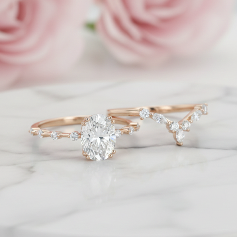 1.50 Ct Oval Moissanite Engagement Ring Set – 14K Gold