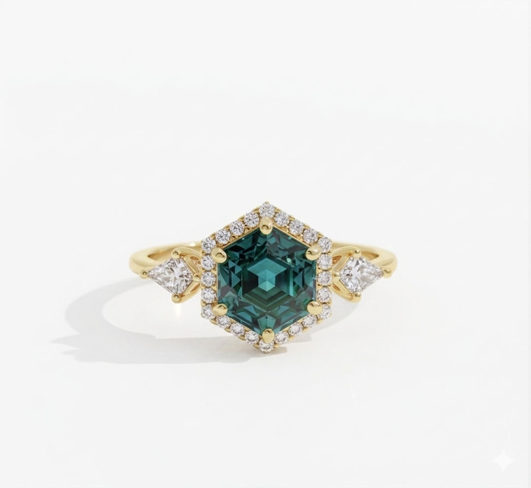 1.32 Ct Hexagon Lab Diamond Ring  - Green  Halo Engagement