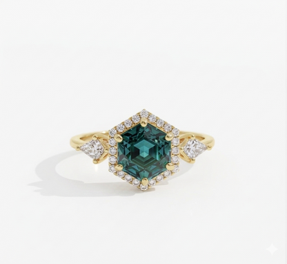 1.32 Ct Hexagon Lab Diamond Ring  - Green  Halo Engagement