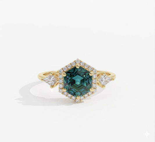 1.32 Ct Hexagon Lab Diamond Ring  - Green  Halo Engagement