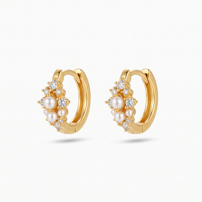 0.16 Ct Lab Grown Diamond Pearl Huggie Hoop Earrings | 14K Gold | Dainty Pearl Earrings