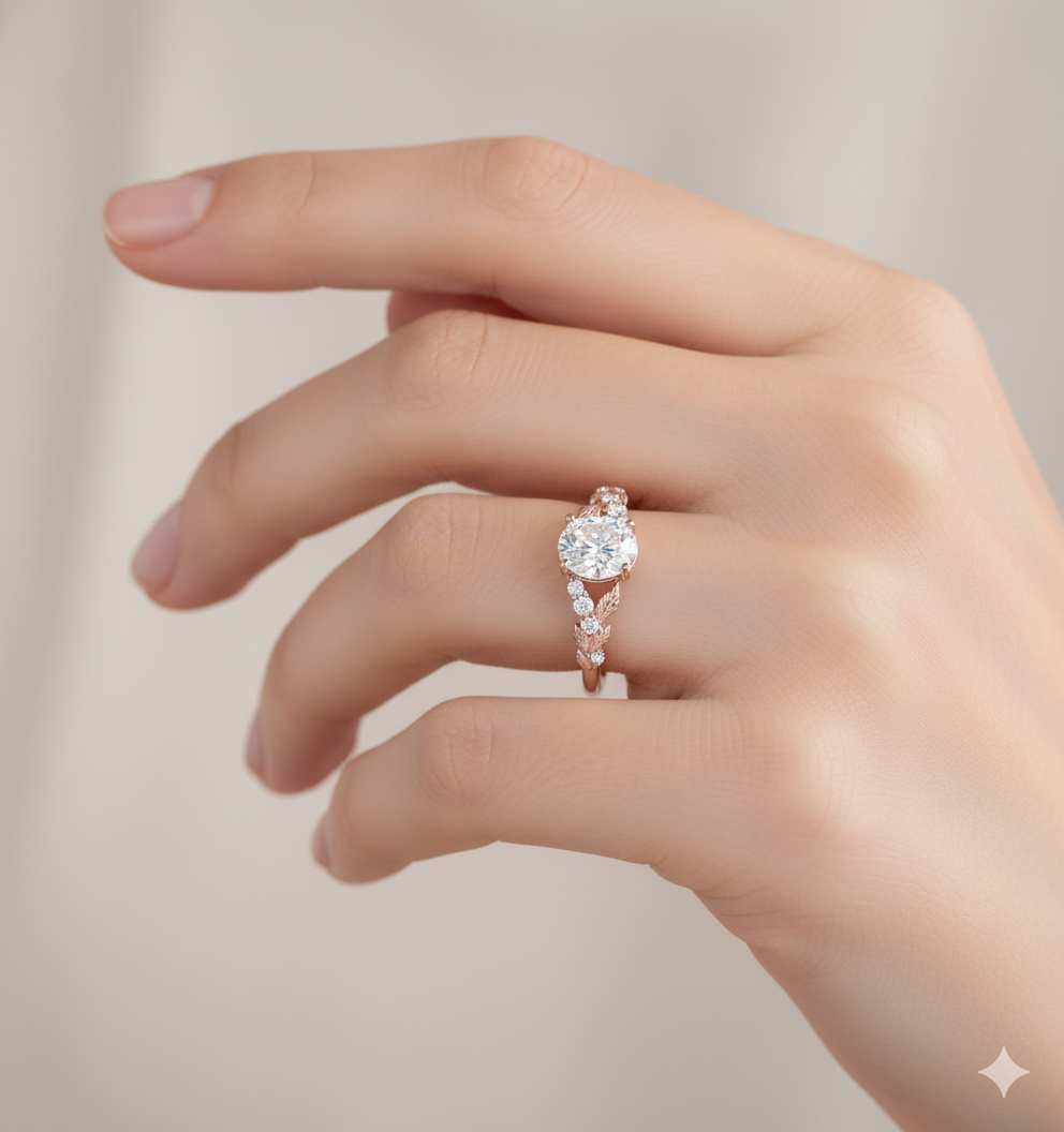 1.360ct Oval Cut Lab Grown Diamond Engagement Ring • Vintage Leaf Art Deco Bridal Ring
