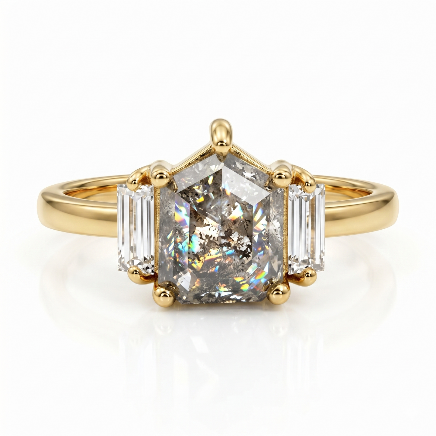 1.80tcw. Pentagon Cut Salt and Pepper Diamond Halo Ring