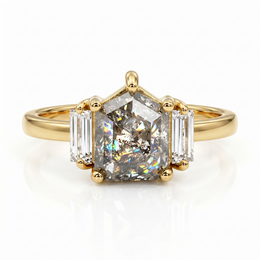 1.80tcw. Pentagon Cut Salt and Pepper Diamond Halo Ring