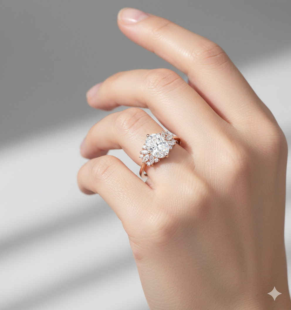 1.650ct Oval Lab Grown Diamond Cluster Ring • Marquise Floral Bridal Ring