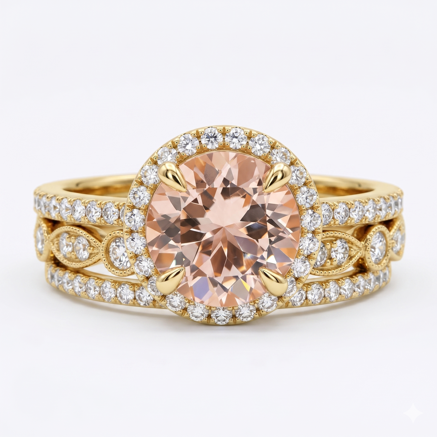 2.0Ct Round Cut Morganite Wedding Bridal Ring Set Solid 14k Rose Gold
