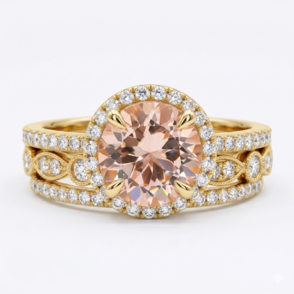 2.0Ct Round Cut Morganite Wedding Bridal Ring Set Solid 14k Rose Gold