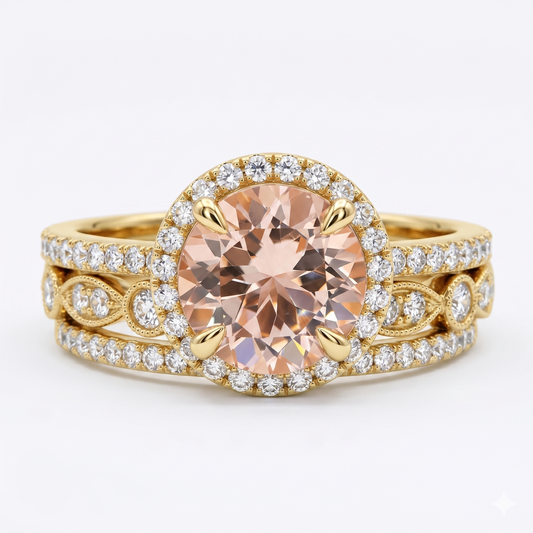 2.0Ct Round Cut Morganite Wedding Bridal Ring Set Solid 14k Rose Gold