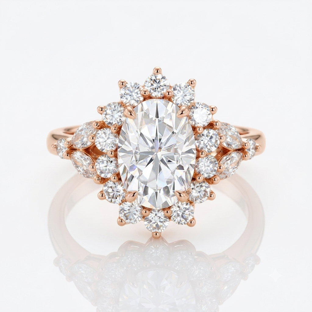 3CT Oval Lab Grown Diamond Cluster Engagement Ring • Vintage Rose Gold Art Deco Bridal Ring