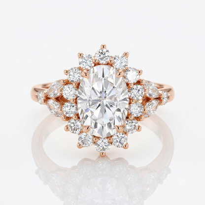 3CT Oval Lab Grown Diamond Cluster Engagement Ring • Vintage Rose Gold Art Deco Bridal Ring