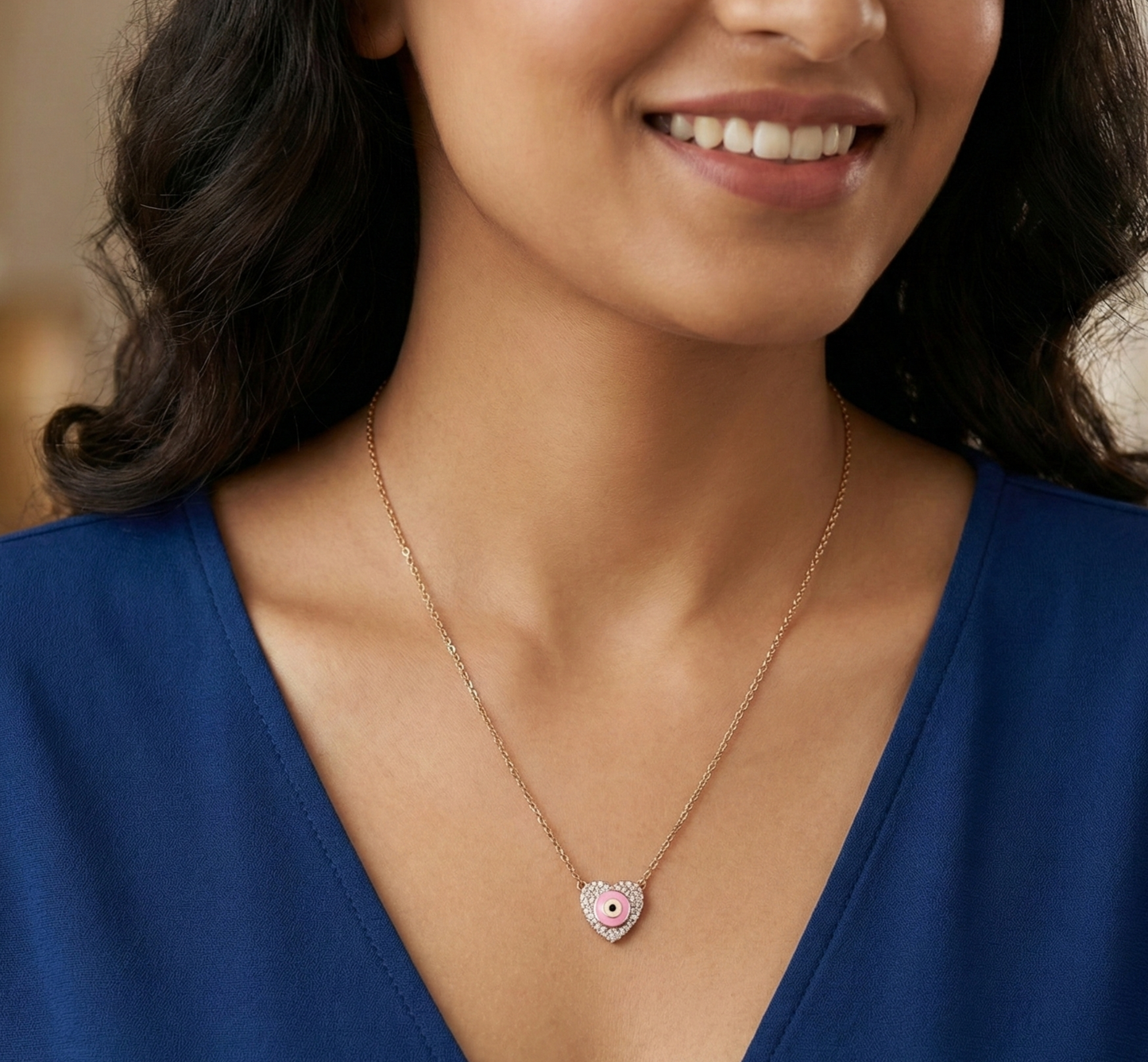 14K Gold Lab Diamond Evil Eye Heart Necklace Pendant