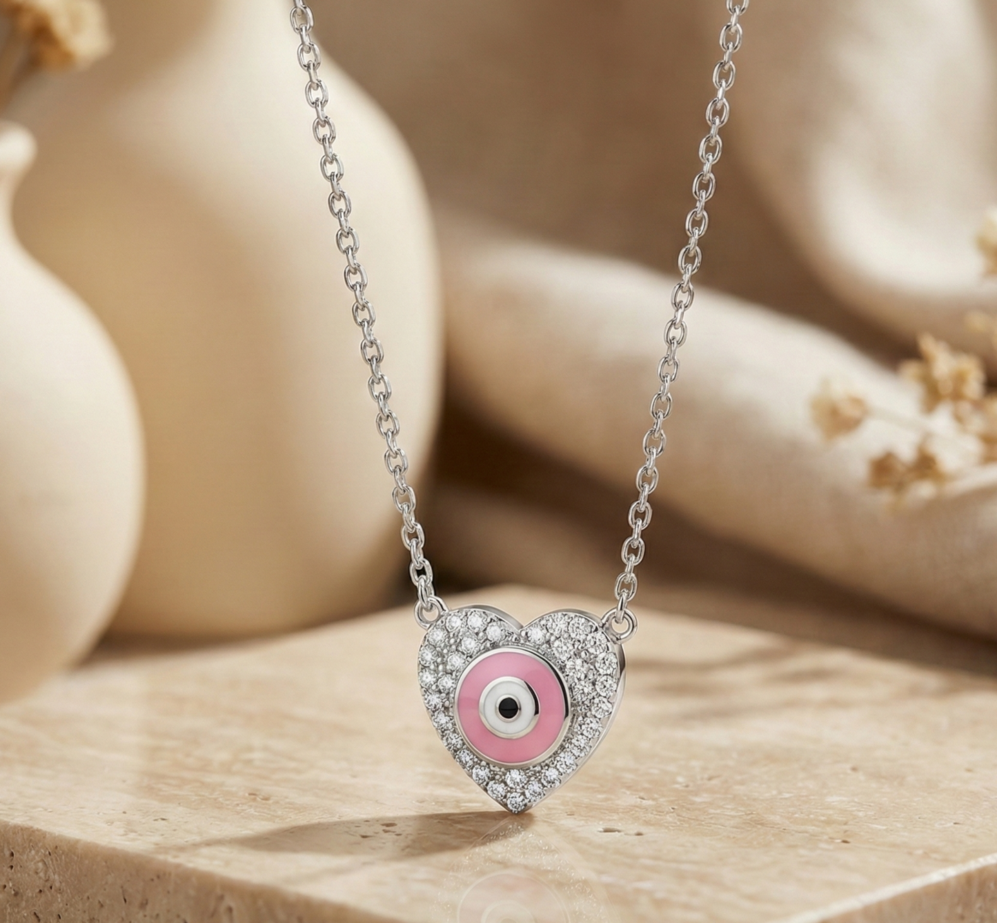 14K Gold Lab Diamond Evil Eye Heart Necklace Pendant