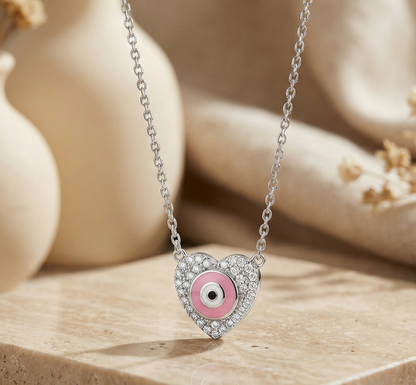 14K Gold Lab Diamond Evil Eye Heart Necklace Pendant