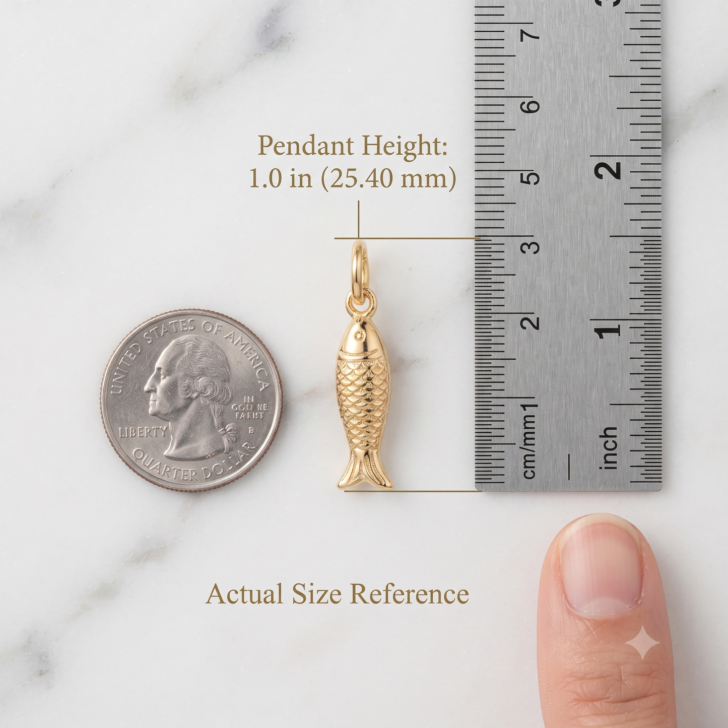 14K Solid Gold Fish Charm Pendant Necklace