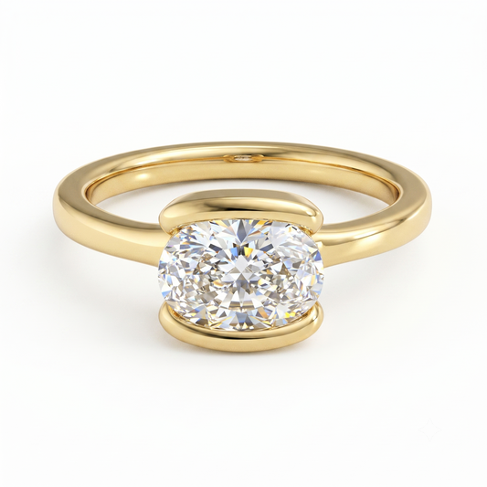1.00CT Fancy Half Bezel Setting Oval Moissanite Engagement Ring