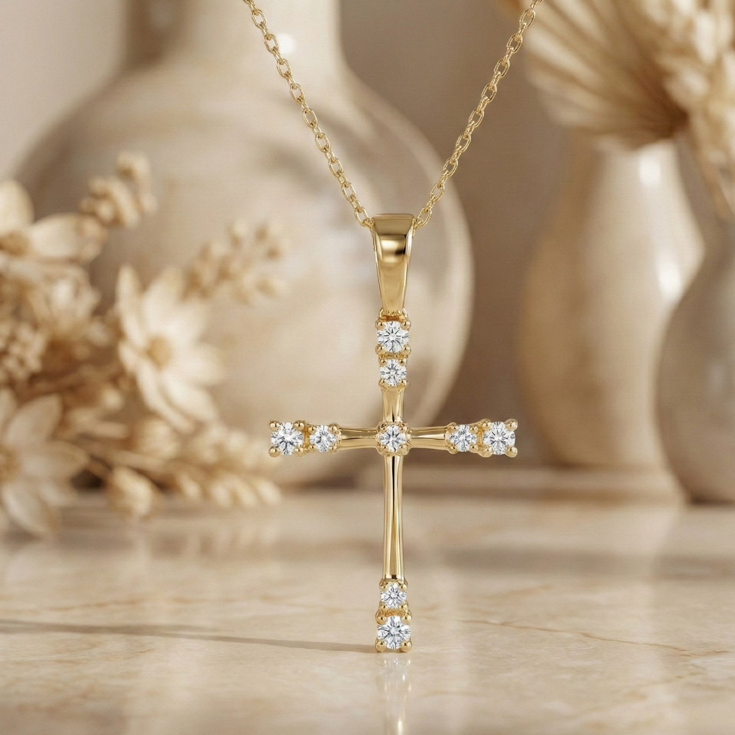 0.160 CT Moissanite Cross Necklace in 14K Gold