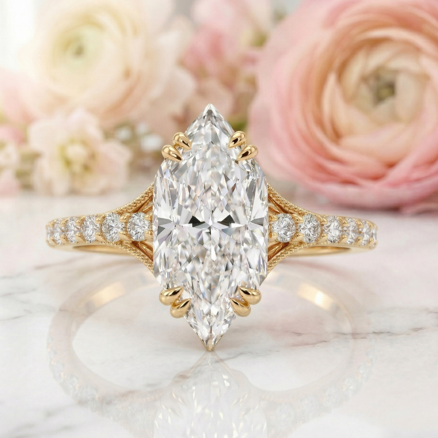 1.400CT Marquise Lab Grown Diamond Engagement Ring, Gold Pavé Band